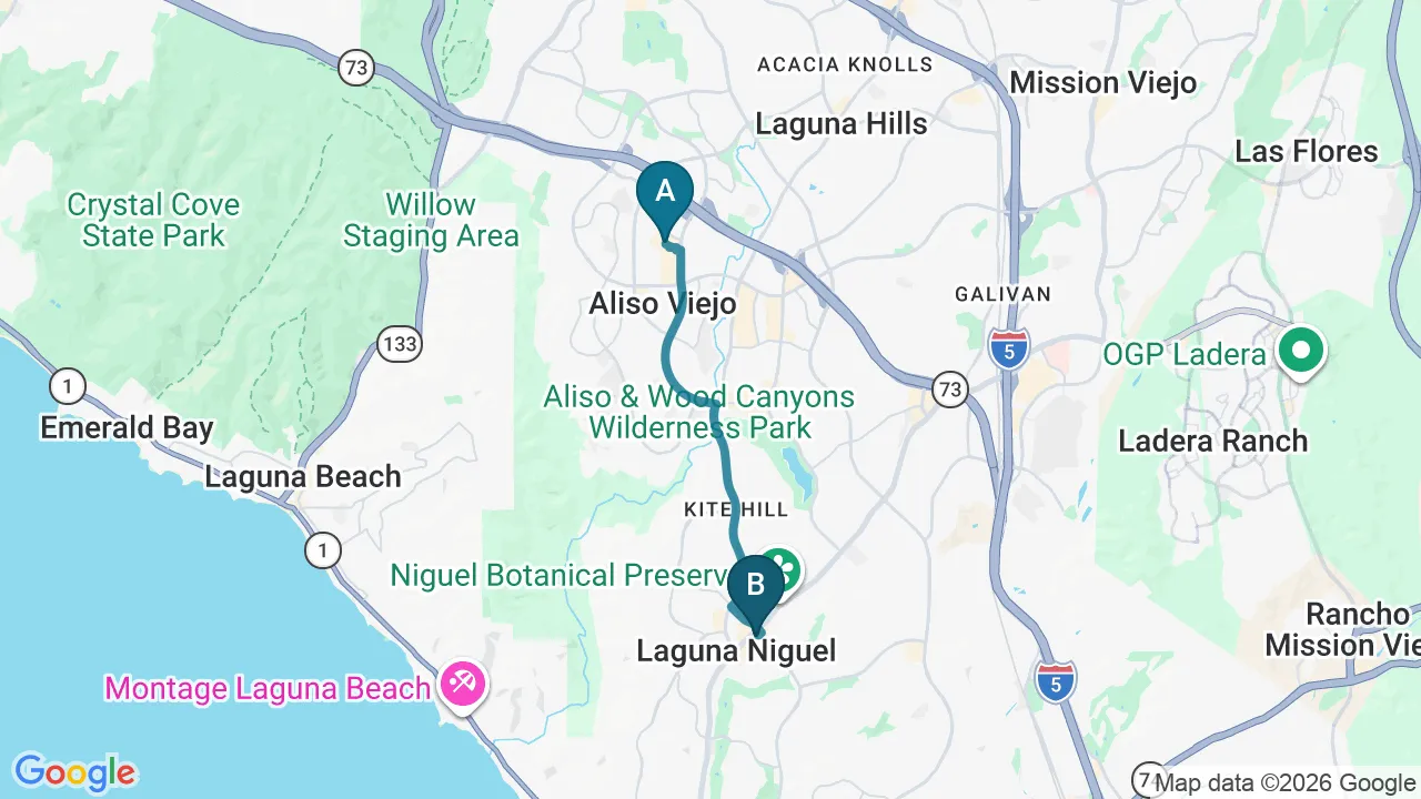 Driving directions map from Aliso Viejo, CA to Divine Healing Chiropractic in Laguna Niguel