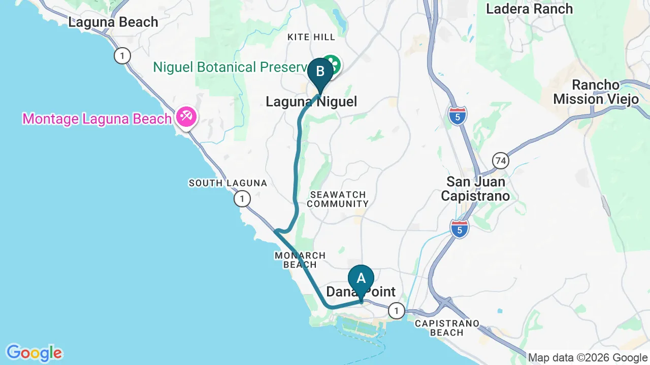 Driving directions map from Dana Point, CA to Divine Healing Chiropractic in Laguna Niguel