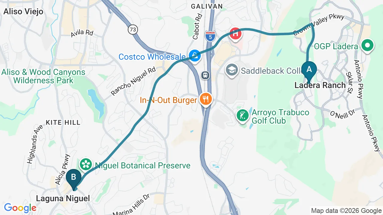 Driving directions map from Ladera Ranch, CA to Divine Healing Chiropractic in Laguna Niguel
