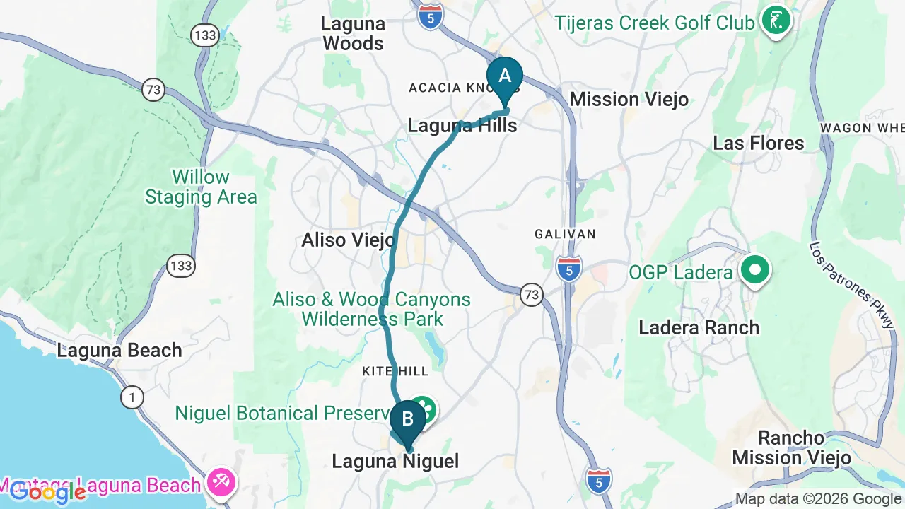 Driving directions map from Laguna Hills, CA to Divine Healing Chiropractic in Laguna Niguel