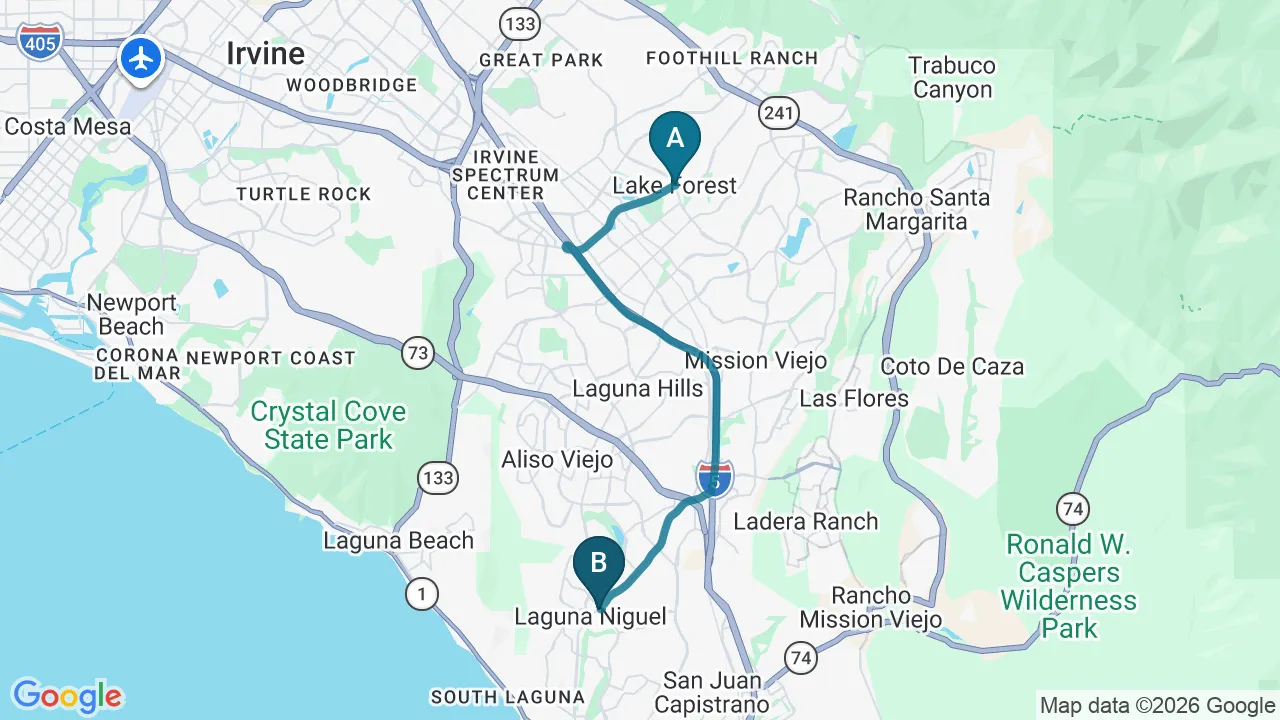 Driving directions map from Lake Forest, CA to Divine Healing Chiropractic in Laguna Niguel