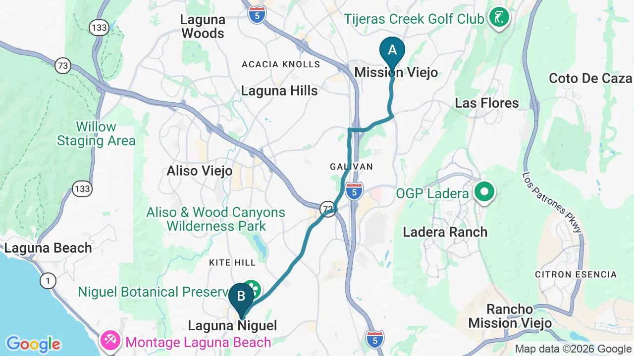 Driving directions map from Mission Viejo, CA to Divine Healing Chiropractic in Laguna Niguel