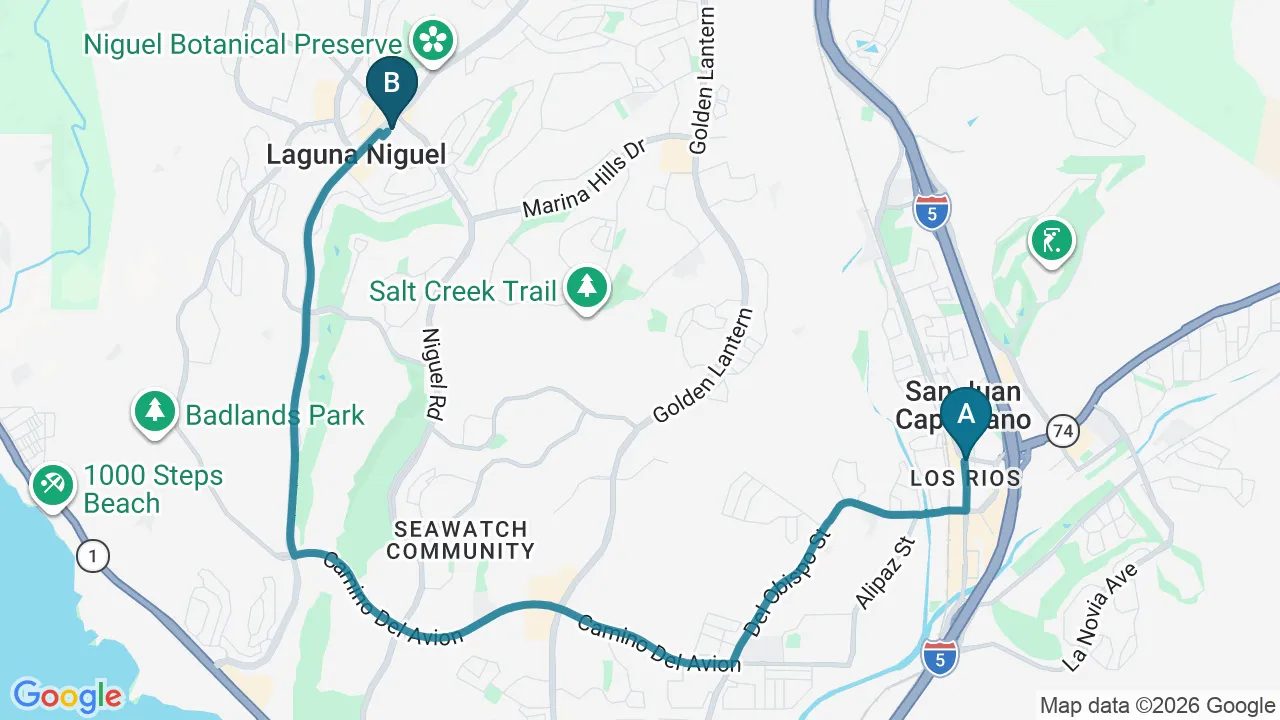 Driving directions map from San Juan Capistrano, CA to Divine Healing Chiropractic in Laguna Niguel