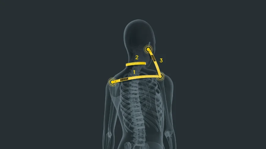 Three measurements taken for a Pillowise fitting: 1, shoulder width across the upper back; 2, circumference around the base of the neck; 3, the diagonal from below the ear to the tip of the shoulder.